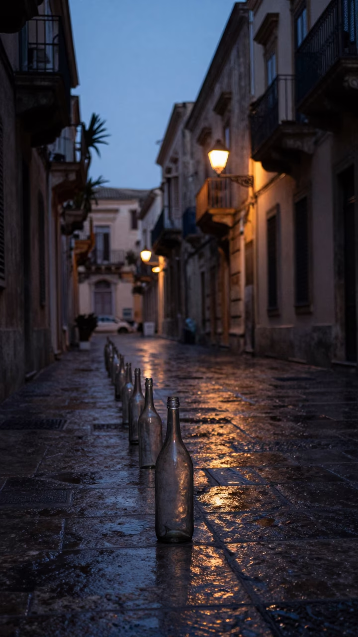 Pre-dawn Palermo Street Scene with Vintage Glass Bottles and Morning Light in in Palermo, Italy