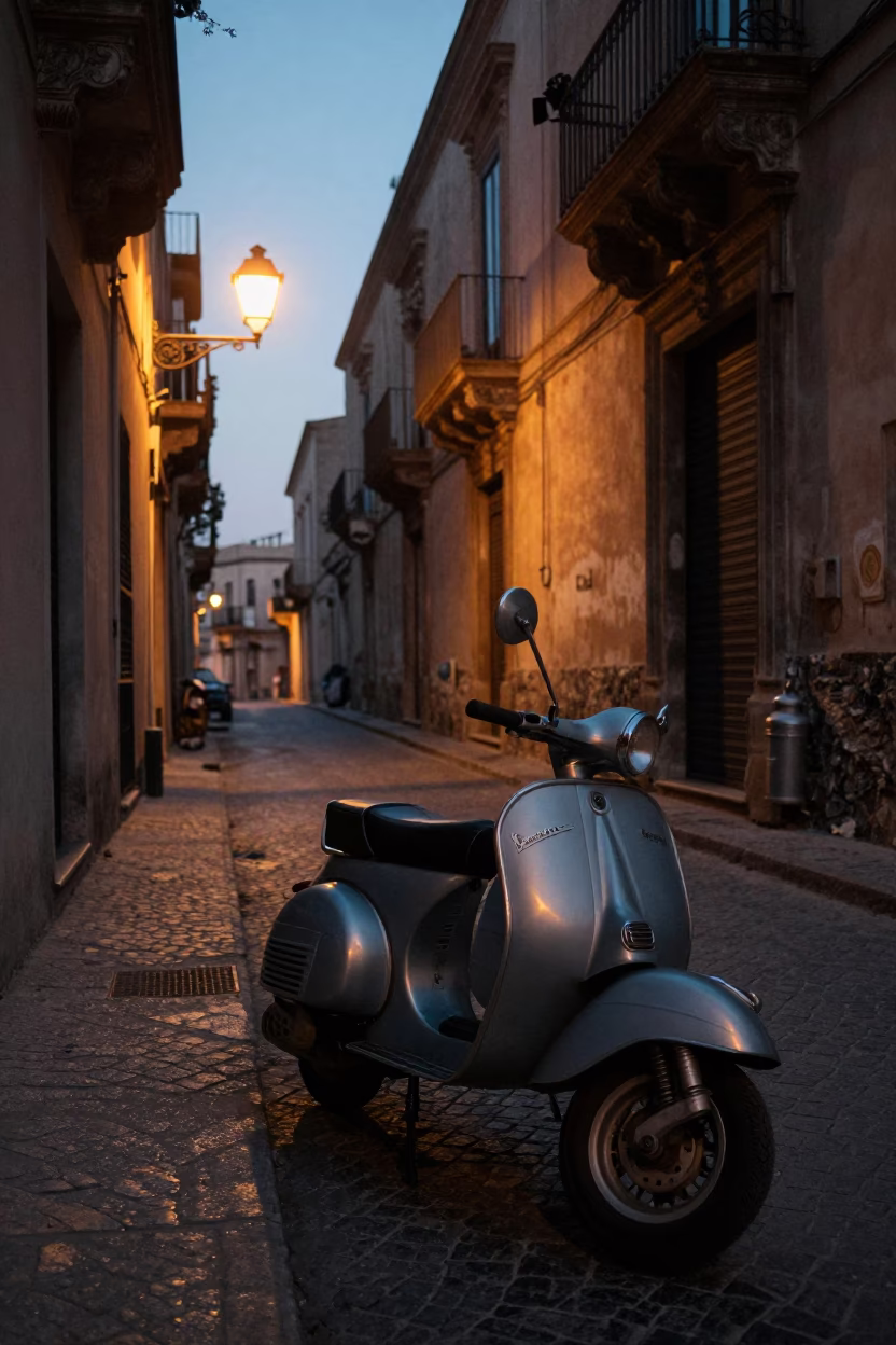 Pre-dawn Palermo Street Scene with Vintage Italian Scooter and Morning Mist in in Palermo, Italy