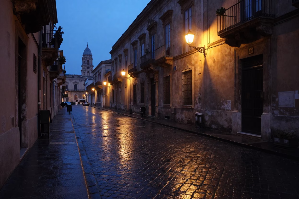 Pre-dawn Palermo street scene with wet cobblestones and distant train lights in in Palermo, Italy