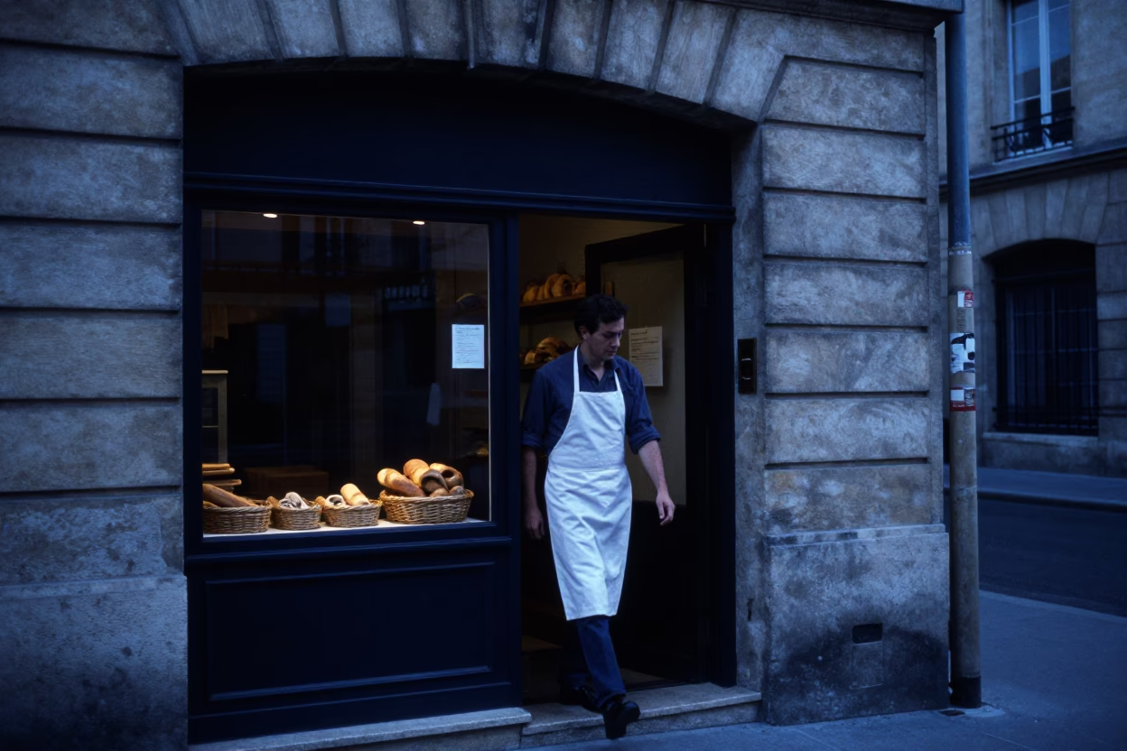 Pre-Dawn Paris Bakery Exterior with Woven Bread Basket and Apron in in Paris, France