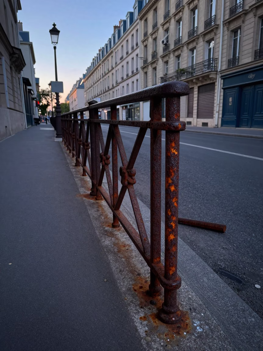 Pre-dawn Paris Street Scene with Rusty Rail and Fallen Petal Carpet Before Sunrise in in Paris, France