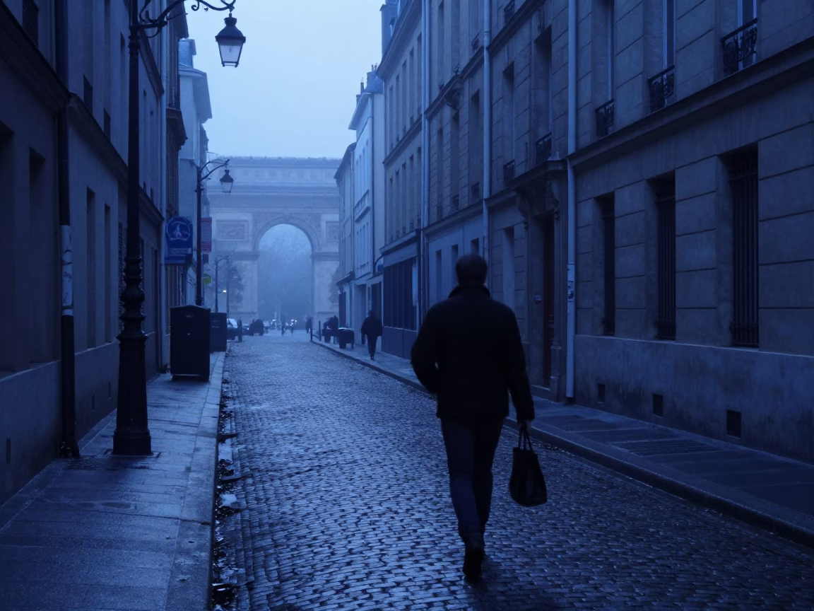Pre-dawn Paris street scene with wet cobblestones and distant city lights in in Paris, France