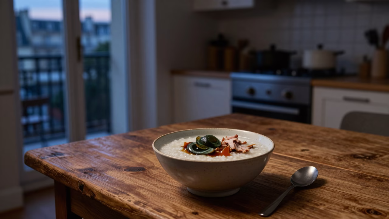 Pre-Dawn Parisian Apartment Breakfast with Century Egg Congee and Vintage Details in in Paris, France