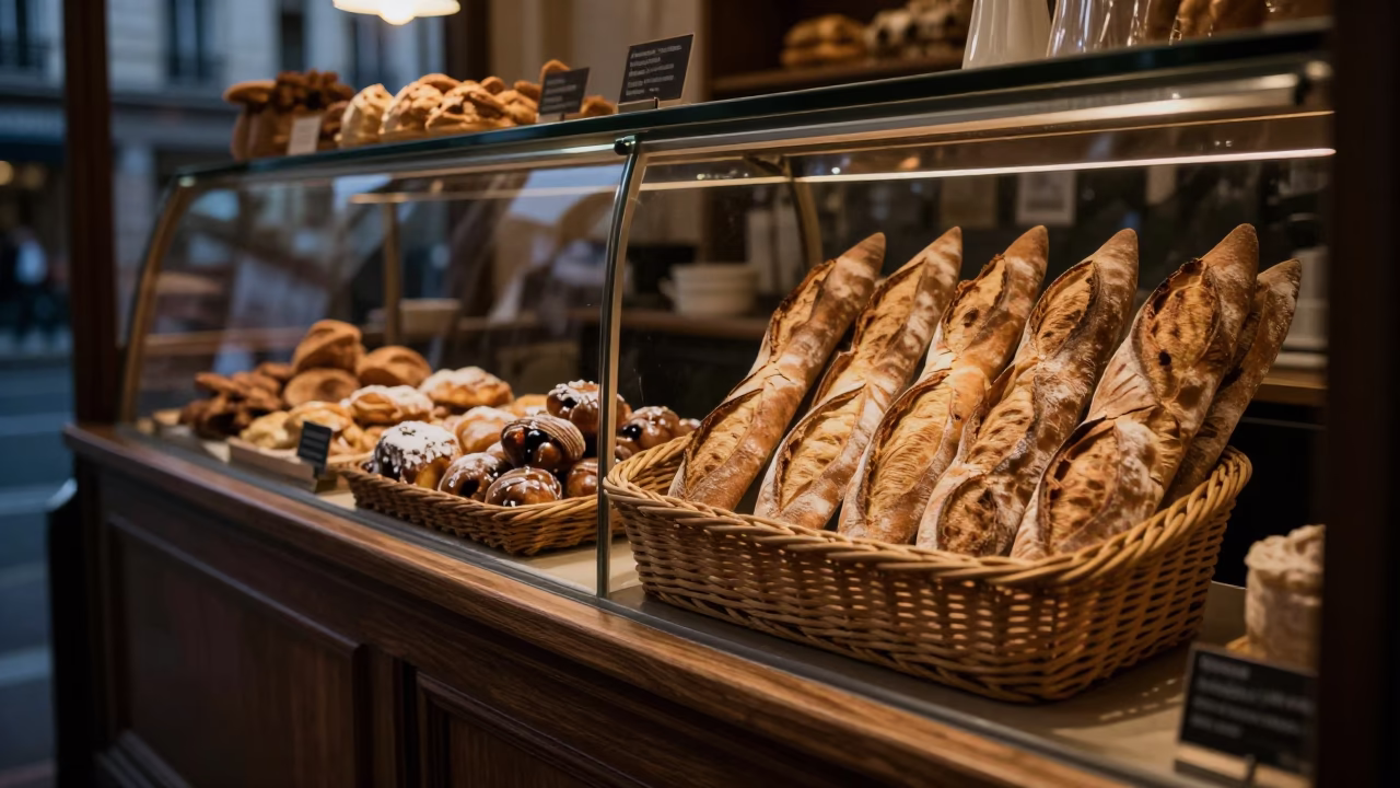 Pre-dawn Parisian bakery counter with basket tray and apothecary jar in in Paris, France