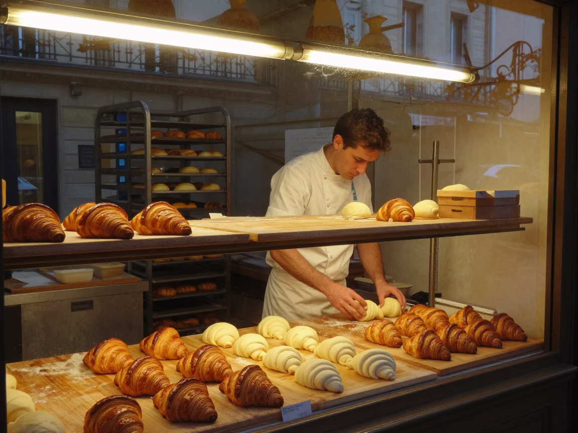 Pre-dawn Parisian Bakery Interior with Baker Preparing Croissants Before Dawn in in Paris, France
