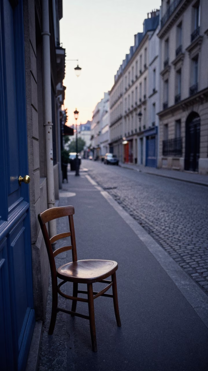 Pre-dawn Parisian Street Scene with Empty Chair and Doorknob Detail in in Paris, France