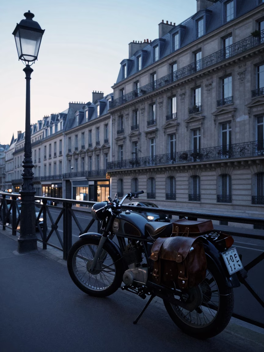 Pre-dawn Parisian Street Scene with Vintage Motorcycle and Coffee Shop in in Paris, France