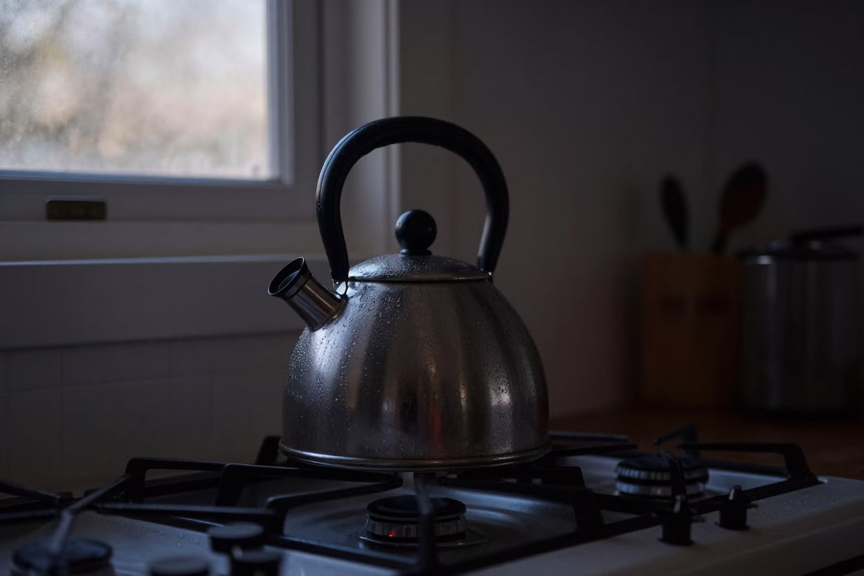 Pre-dawn Perth kitchen scene with condensation on kettle and wooden knife marks in in Perth, Western Australia, Australia