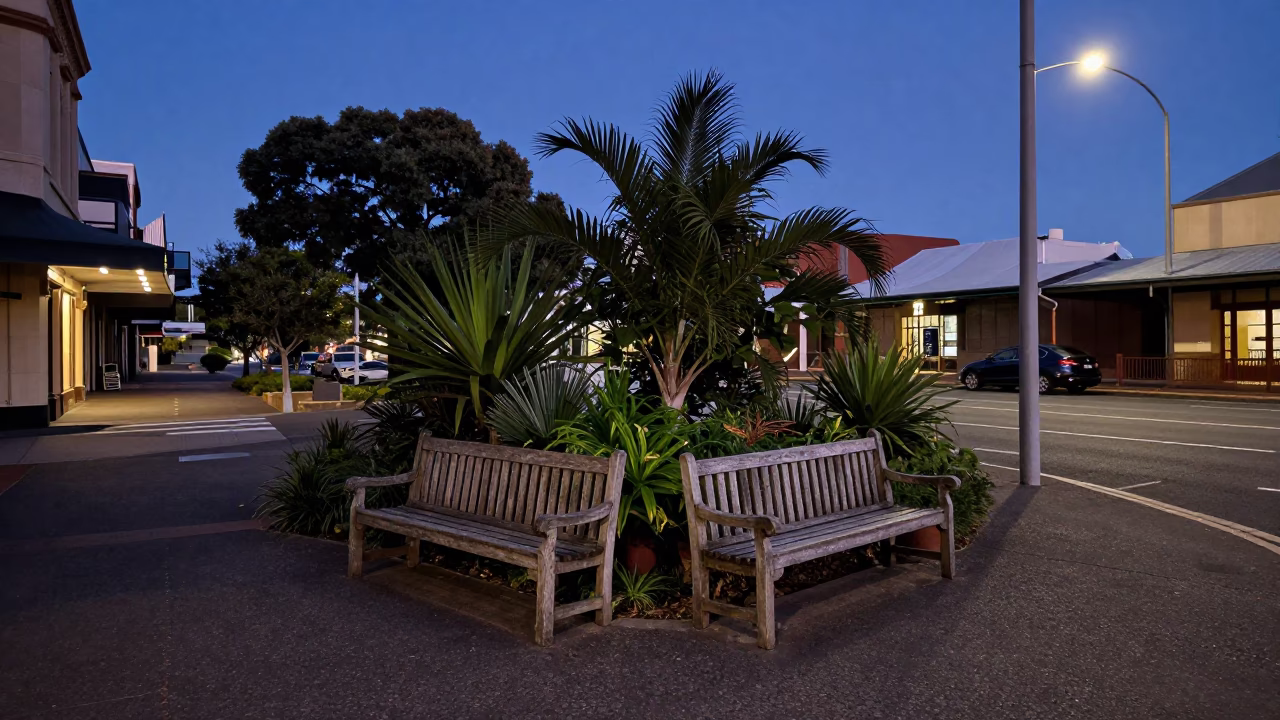 Pre-dawn Perth Street Scene with Garden Benches and Urban Lighting in in Perth, Western Australia, Australia