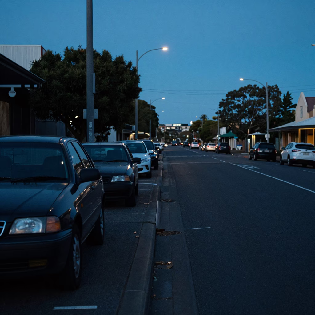Pre-dawn Perth street scene with parked cars and dimly lit storefronts in in Perth, Western Australia, Australia