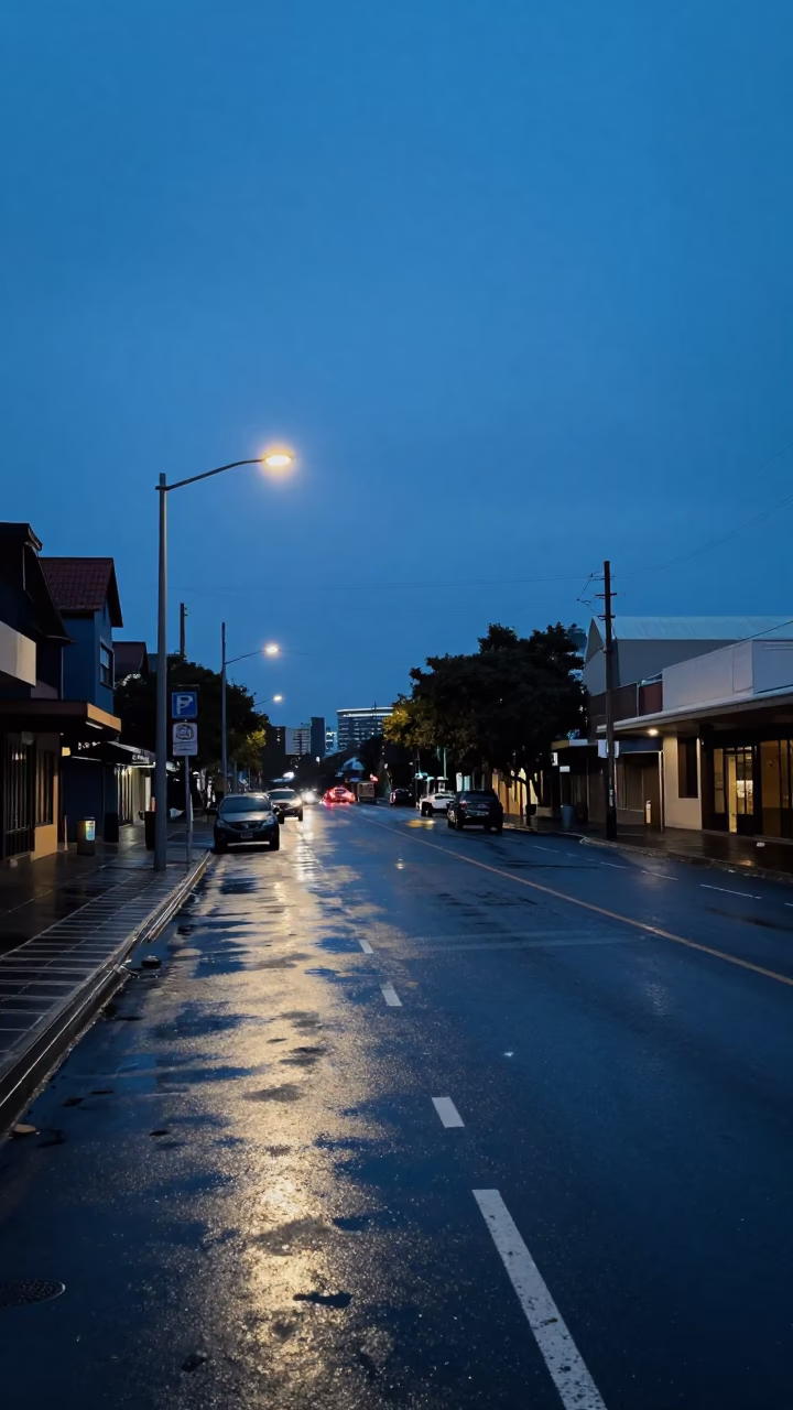 Pre-Dawn Perth Street Scene with Wet Pavement and Urban Infrastructure in in Perth, Western Australia, Australia