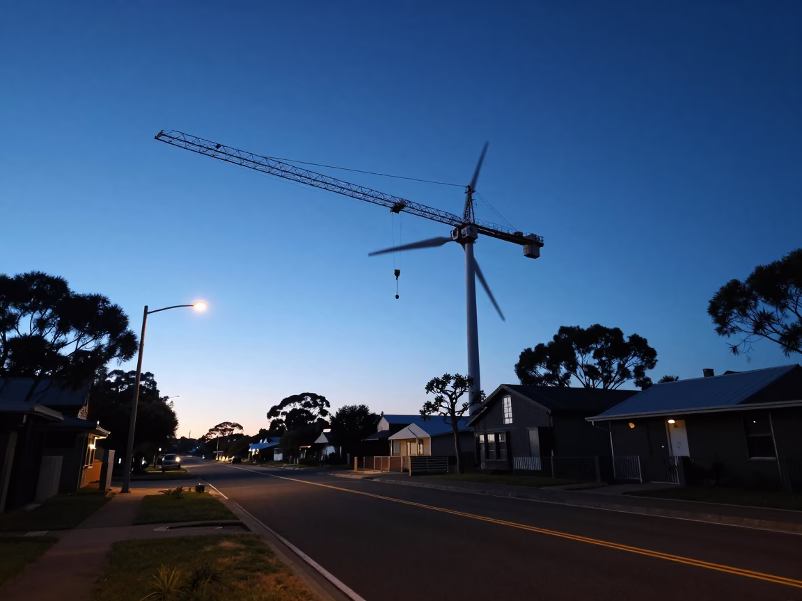 Pre-dawn Perth Street Scene with Wind Farm Crane and Wicker Shadow in in Perth, Western Australia, Australia