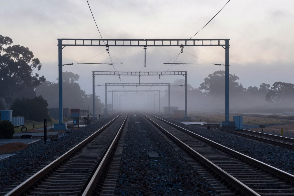 Pre-dawn Perth Western Australia Industrial Rail Catenary System Receding Through Cool Morning Fog in in Perth, Western Australia, Australia