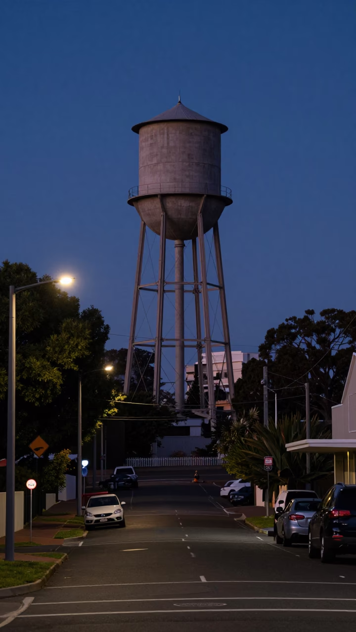 Pre-dawn Perth Western Australia street scene with water tower and urban infrastructure in in Perth, Western Australia, Australia
