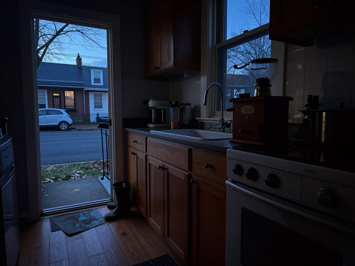 Pre-dawn Philadelphia kitchen with boot scraper and coffee grinder in in Philadelphia, Pennsylvania, United States