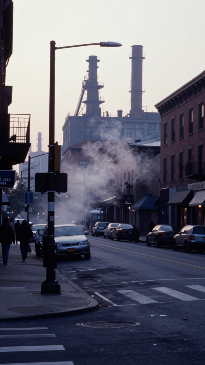Pre-Dawn Philadelphia Street Corner with Steam and Urban Stillness in in Philadelphia, Pennsylvania, United States