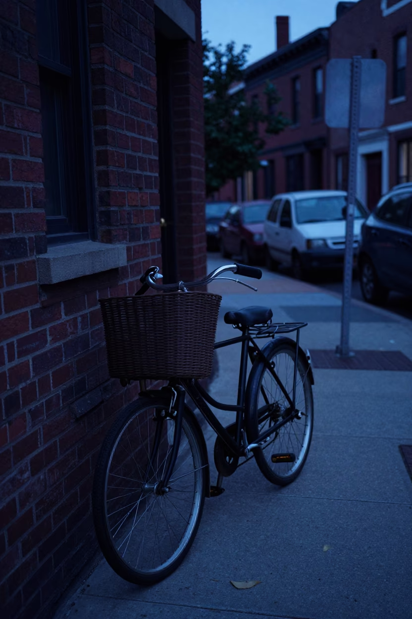 Pre-Dawn Philadelphia Street Scene with Bicycle Basket and Urban Architecture in in Philadelphia, Pennsylvania, United States