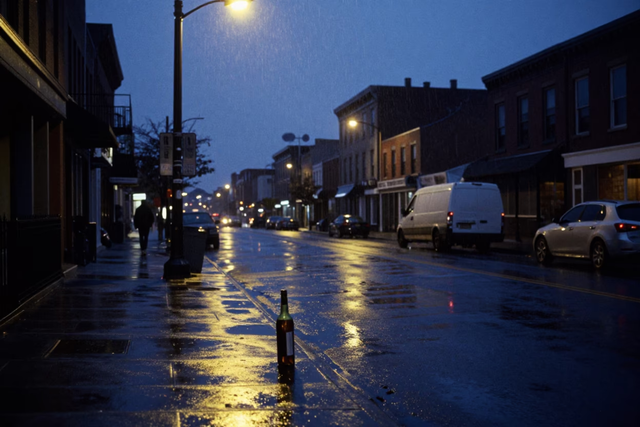 Pre-dawn Philadelphia Street Scene with Bottle and Rainy Urban Atmosphere in in Philadelphia, Pennsylvania, United States