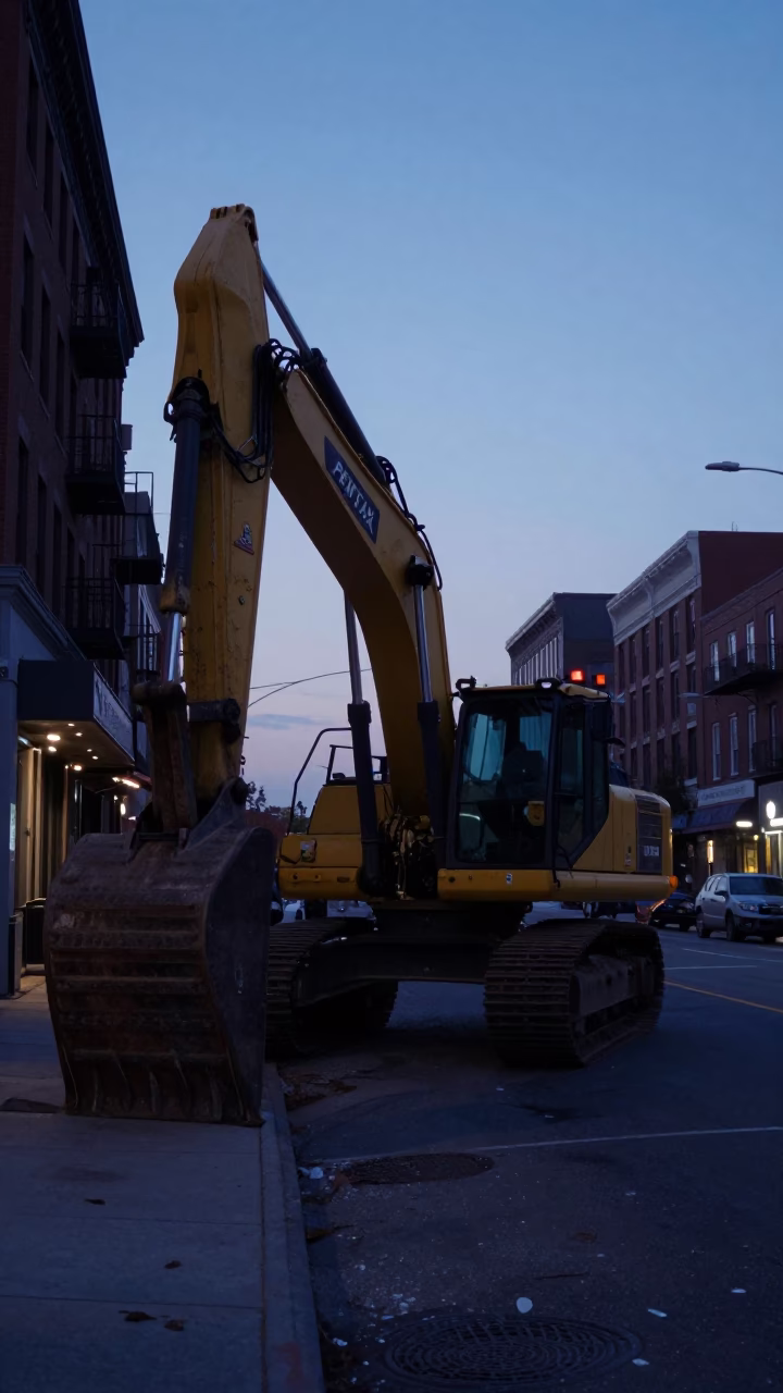Pre-dawn Philadelphia Street Scene with Construction Equipment and Urban Infrastructure in in Philadelphia, Pennsylvania, United States