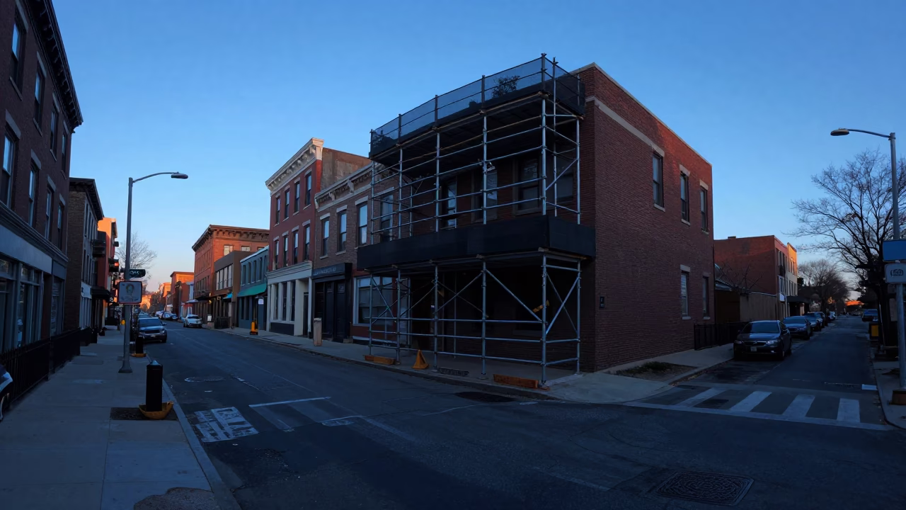Pre-dawn Philadelphia Street Scene with Construction Tools and Urban Details in in Philadelphia, Pennsylvania, United States