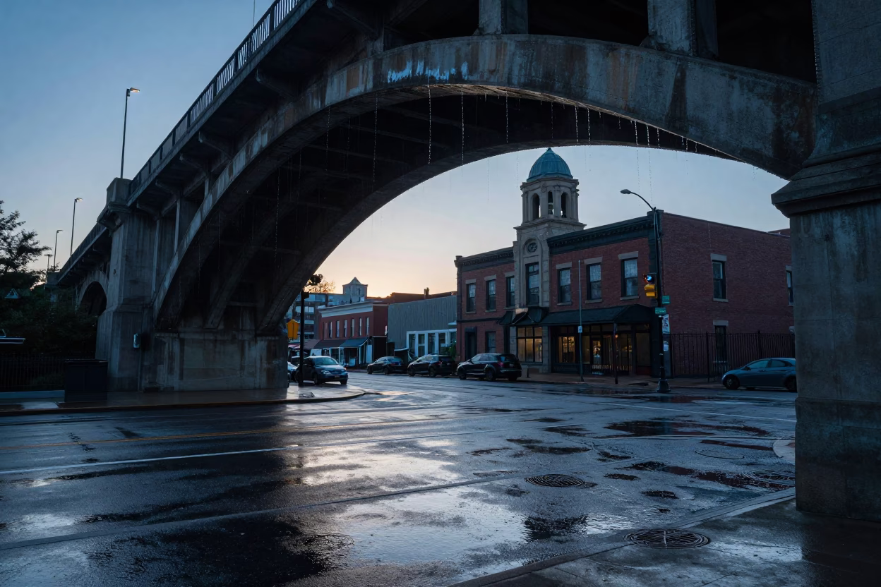 Pre-Dawn Philadelphia Street Scene with Dripping Viaduct Arch and Ferny Stone Undercroft in in Philadelphia, Pennsylvania, United States