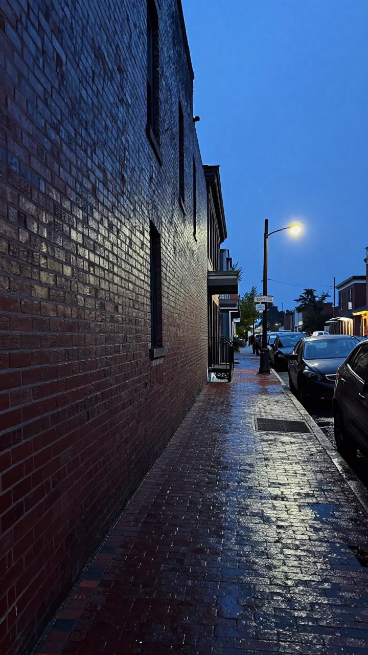 Pre-Dawn Philadelphia Street Scene with Grease Sheen on Brick Wall and Garden Hose in in Philadelphia, Pennsylvania, United States