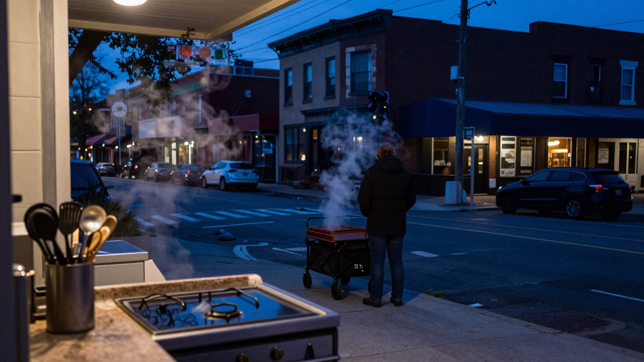 Pre-Dawn Philadelphia Street Scene with Kitchen Utensil and Steam Haze in in Philadelphia, Pennsylvania, United States