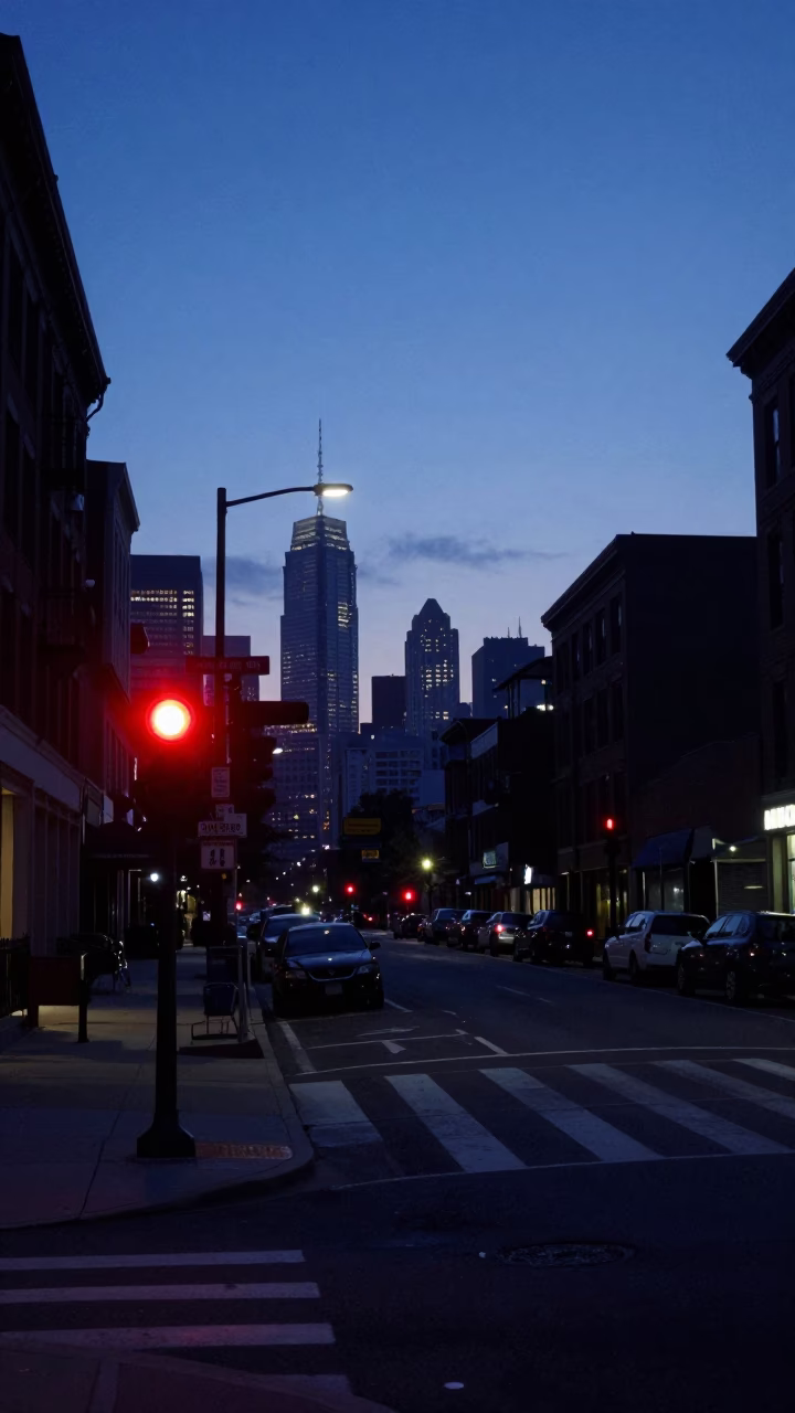 Pre-dawn Philadelphia Street Scene with Red Beacon and Urban Architecture in in Philadelphia, Pennsylvania, United States