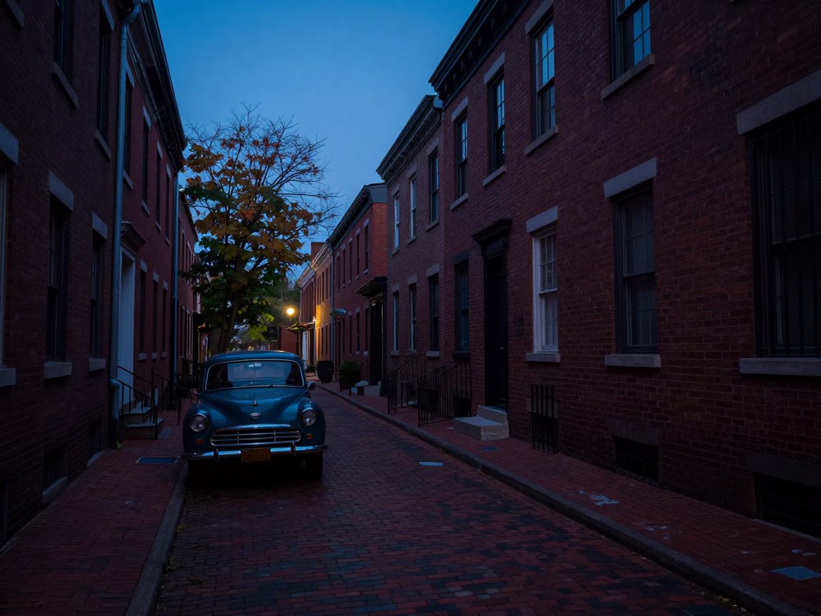 Pre-Dawn Philadelphia Street Scene with Vintage Car and Brick Alleyway in in Philadelphia, Pennsylvania, United States