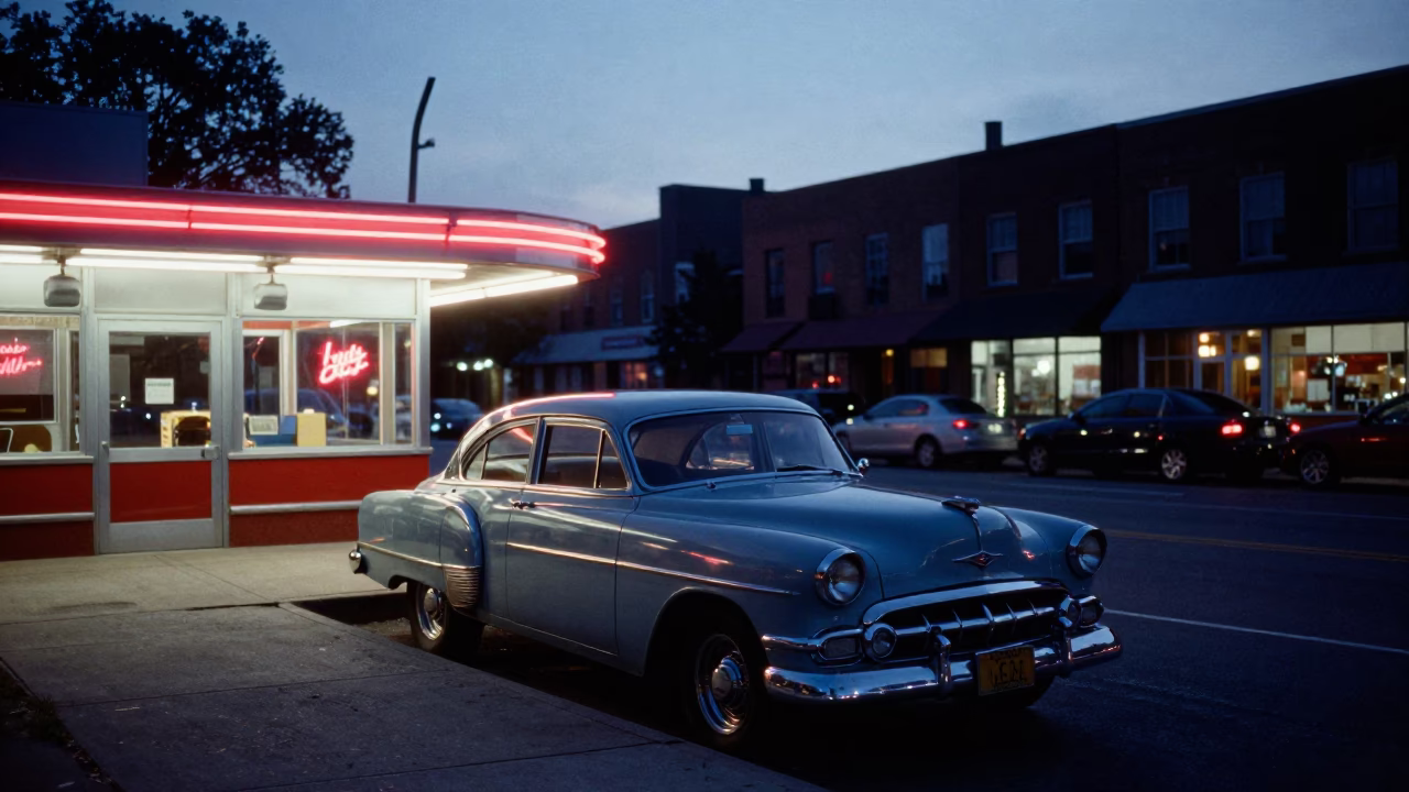 Pre-Dawn Philadelphia Street Scene with Vintage Car at Diner and Metro Train in in Philadelphia, Pennsylvania, United States