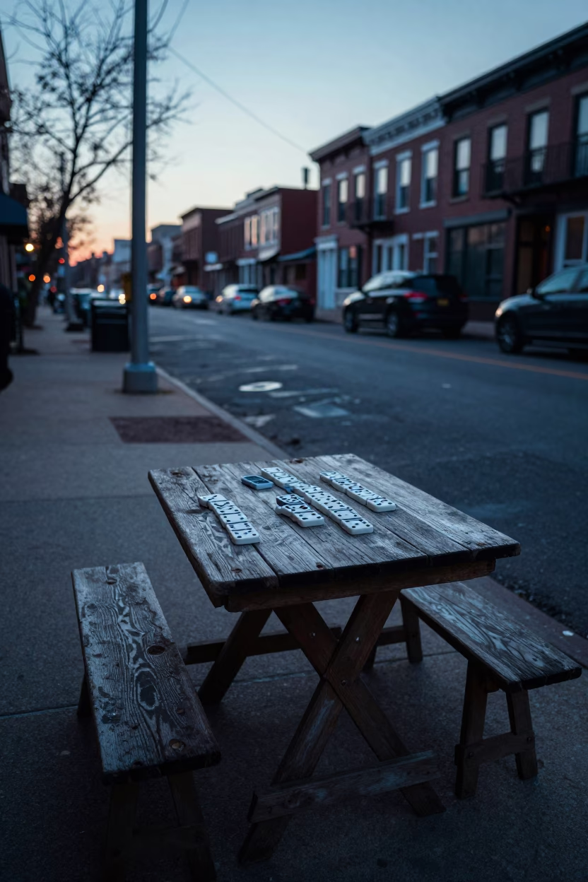 Pre-Dawn Philadelphia Street Scene with Vintage Dominoes and Early Morning Light in in Philadelphia, Pennsylvania, United States
