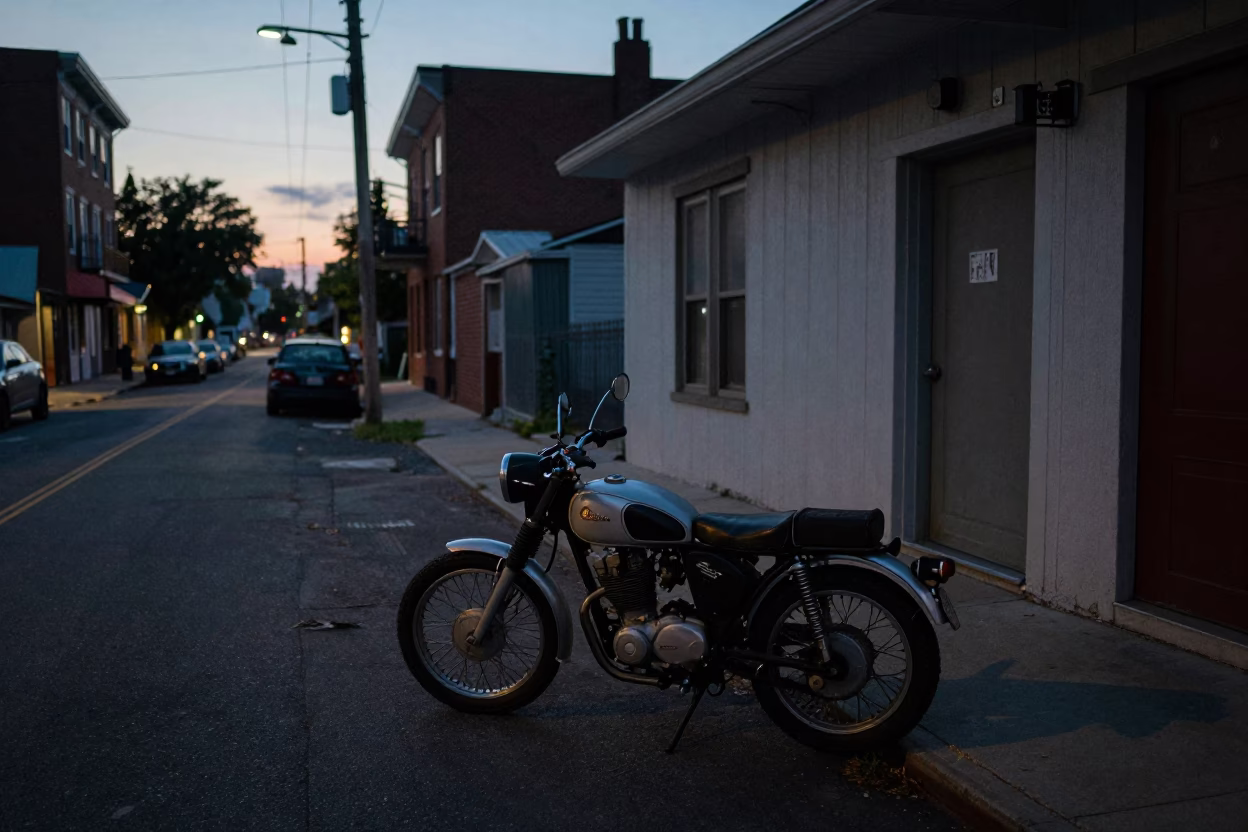 Pre-Dawn Philadelphia Street Scene with Vintage Motorcycle and City Skyline in in Philadelphia, Pennsylvania, United States