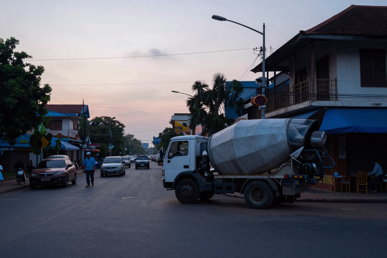 Pre-dawn Phnom Penh street scene with vintage construction and local morning activity in in Phnom Penh, Cambodia
