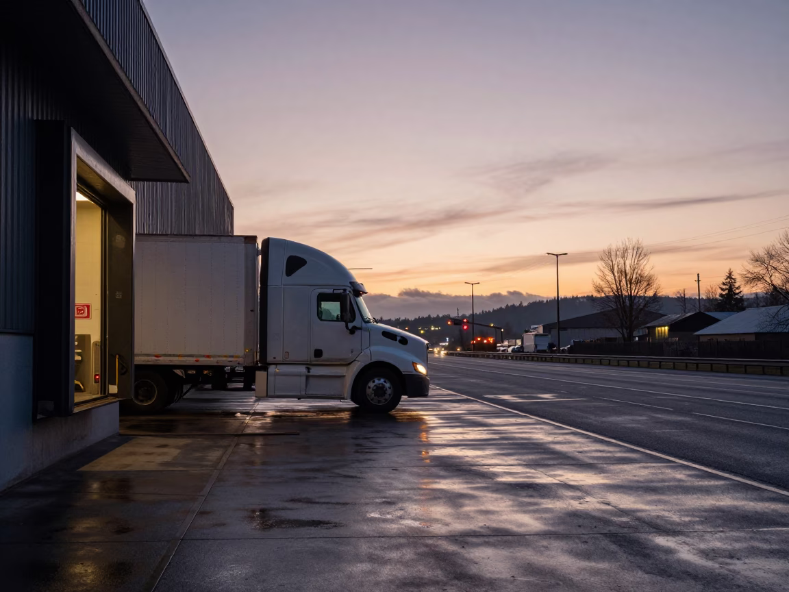 Pre-dawn Portland Oregon Loading Dock Scene with Semi-Trailer and Highway Flyover Stack in in Portland, Oregon, United States