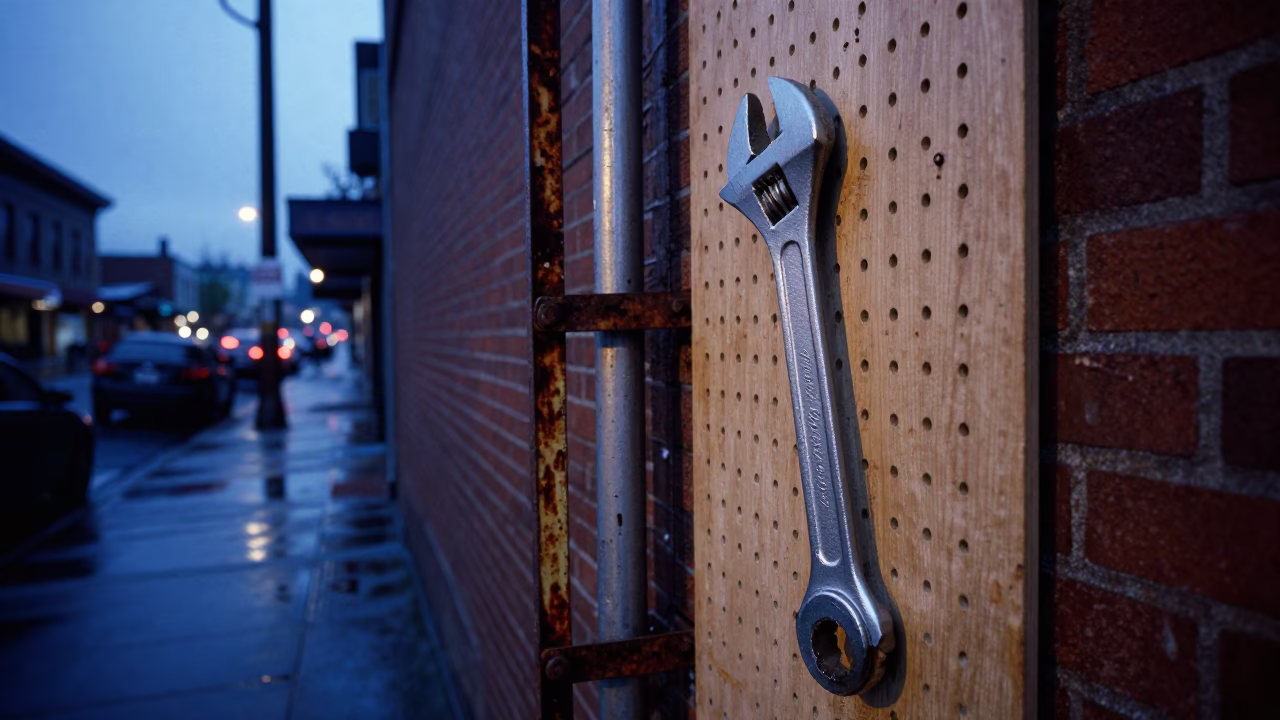 Pre-dawn Portland Oregon street scene with adjustable spanner and pegboard in industrial alley in in Portland, Oregon, United States