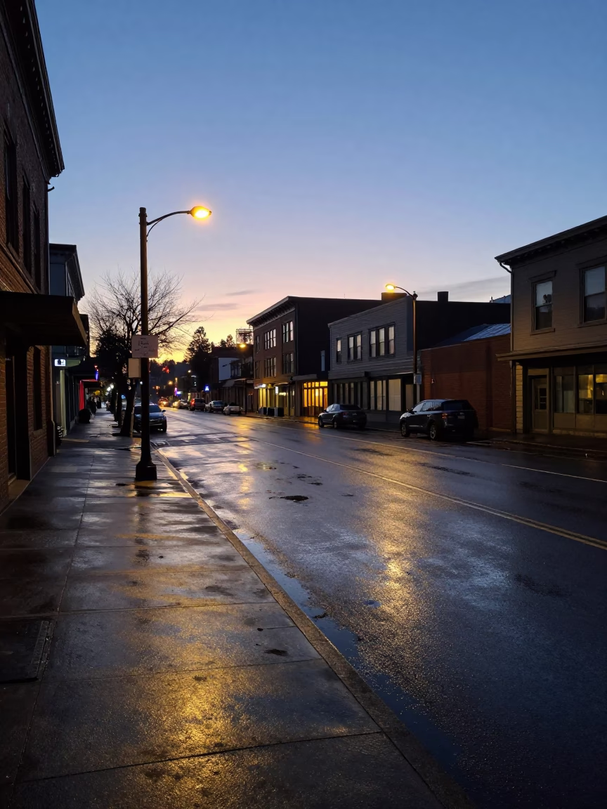 Pre-Dawn Portland Oregon Street Scene with Grease Sheen on Metal Tray in in Portland, Oregon, United States