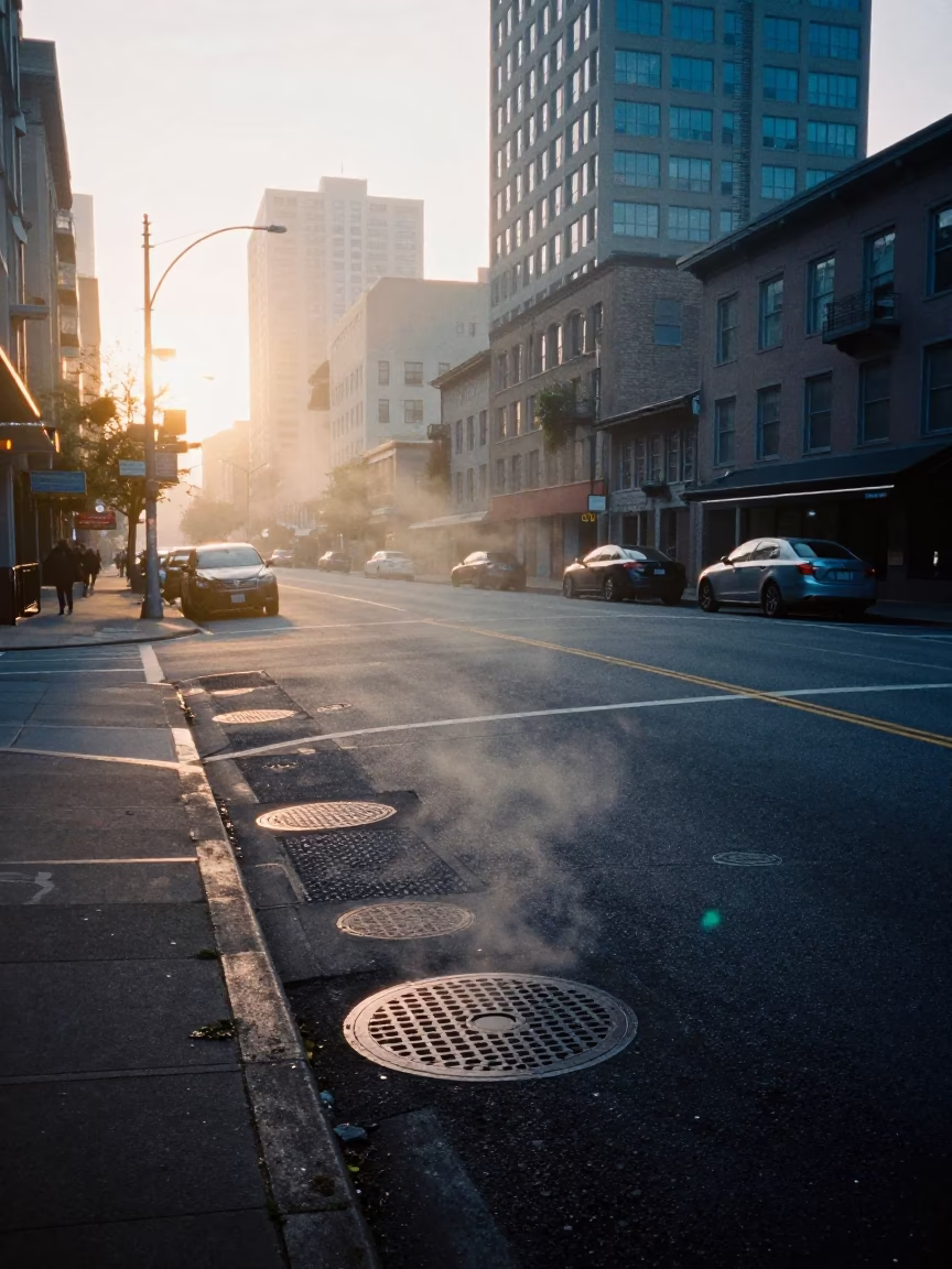 Pre-dawn Portland Oregon street scene with steam haze and urban details in in Portland, Oregon, United States