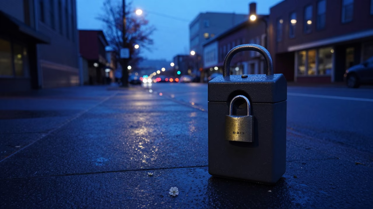 Pre-dawn Portland Street Scene with Lockbox and Dewy Clover Near Historic Brick Building in in Portland, Oregon, United States