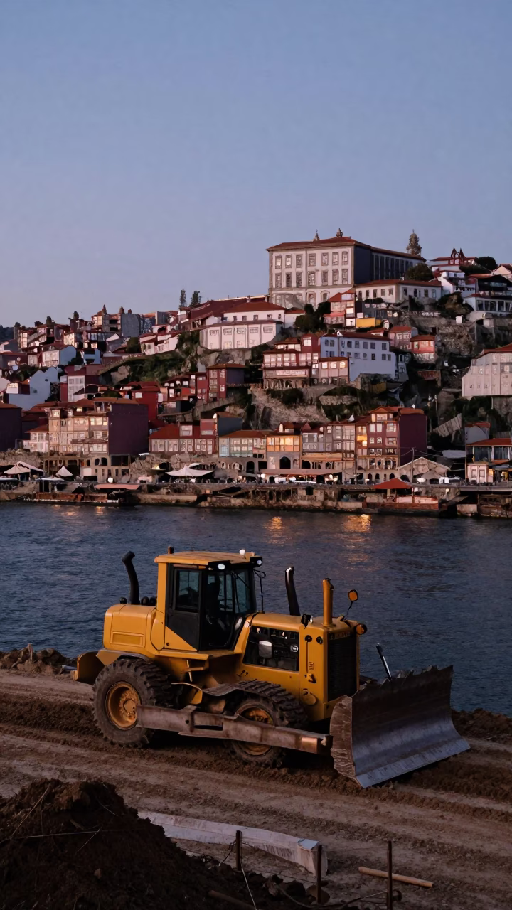 Pre-dawn Porto Portugal Riverfront Construction Site with Bulldozer and Historic Bridge in in Porto, Portugal