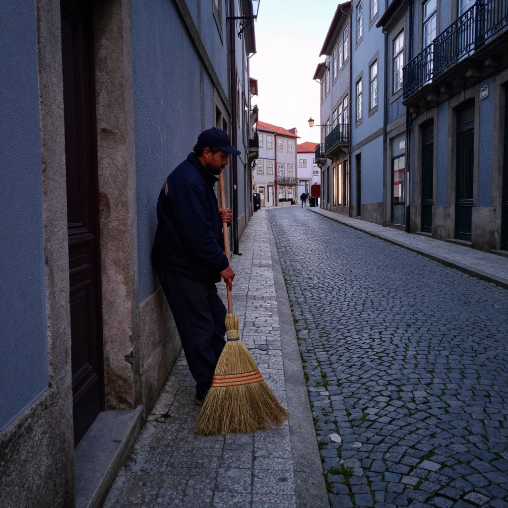Pre-dawn Porto Portugal Street Scene with Brooms and Cobblestone Alleyway in in Porto, Portugal