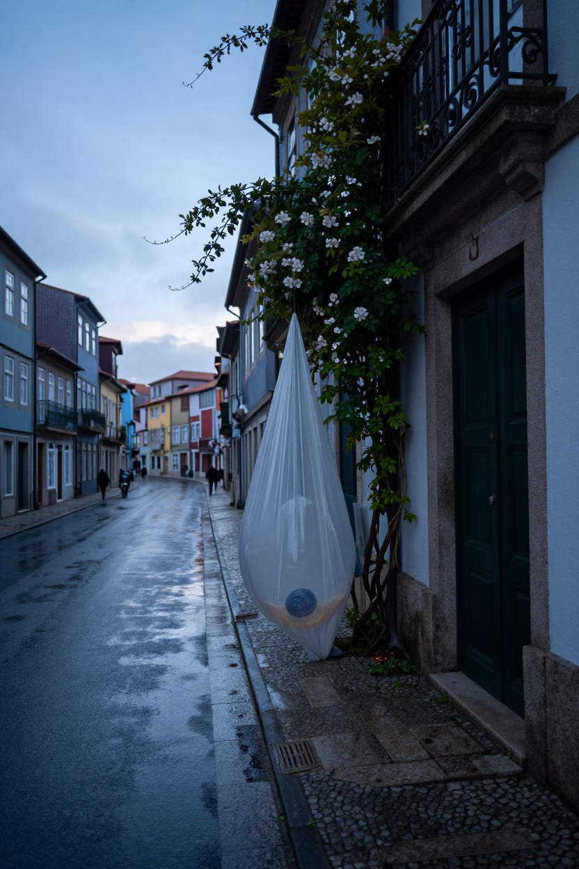 Pre-dawn Porto street scene with climbing jasmine and wet asphalt reflections in in Porto, Portugal