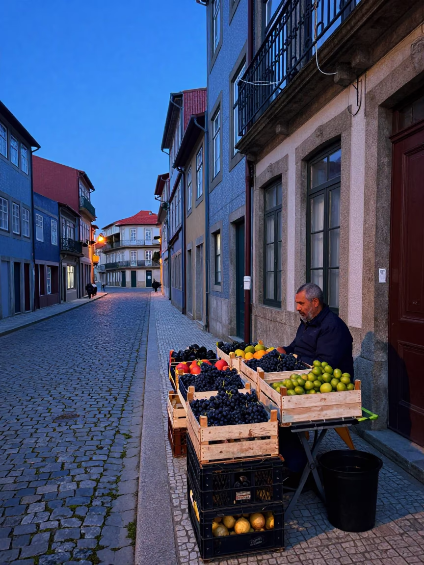 Pre-dawn Porto street scene with fruit crates and string lights in Portugal in in Porto, Portugal