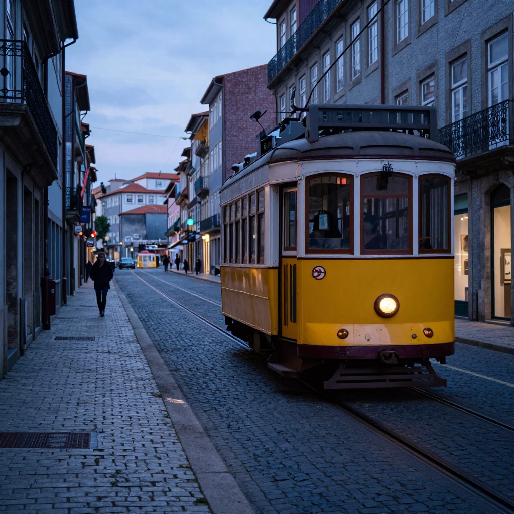 Pre-dawn Porto street scene with historic tram tracks and morning light in in Porto, Portugal