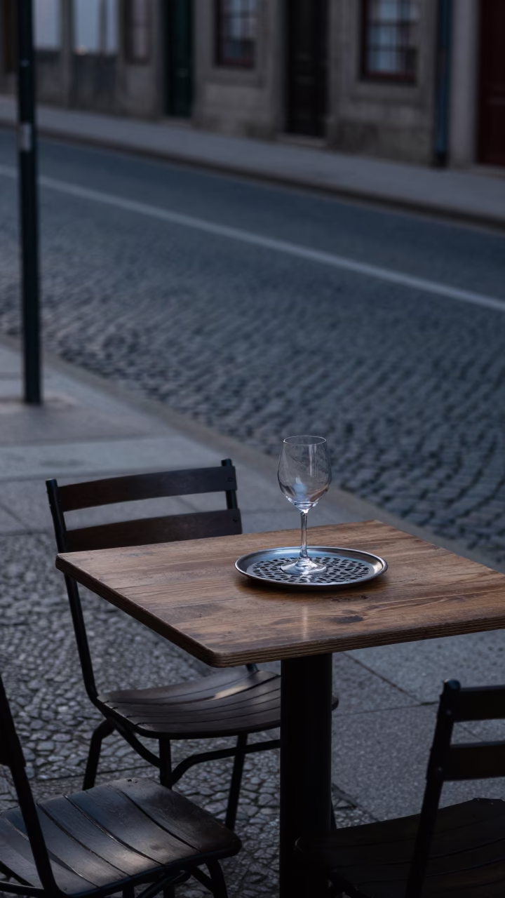 Pre-dawn Porto street scene with trivet and wine glass on cafe table in in Porto, Portugal