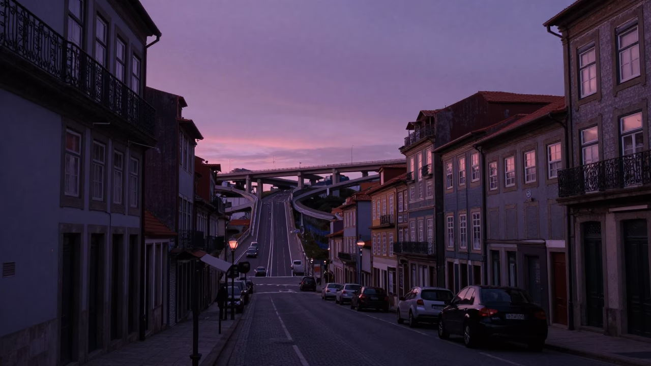 Pre-Dawn Porto Street Scene with Vintage 1990s Aesthetic and Cobblestone Details in in Porto, Portugal