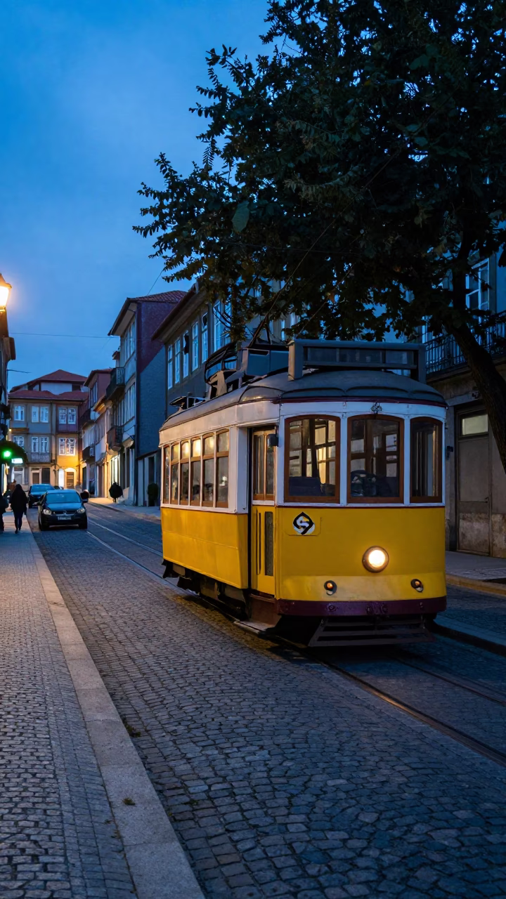 Pre-dawn Porto Street Scene with Vintage Tram and Morning Light in in Porto, Portugal