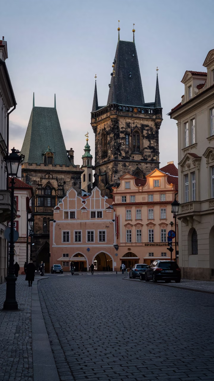 Pre-dawn Prague Street Scene with Cobblestones and Urban Decay in in Prague, Czech Republic