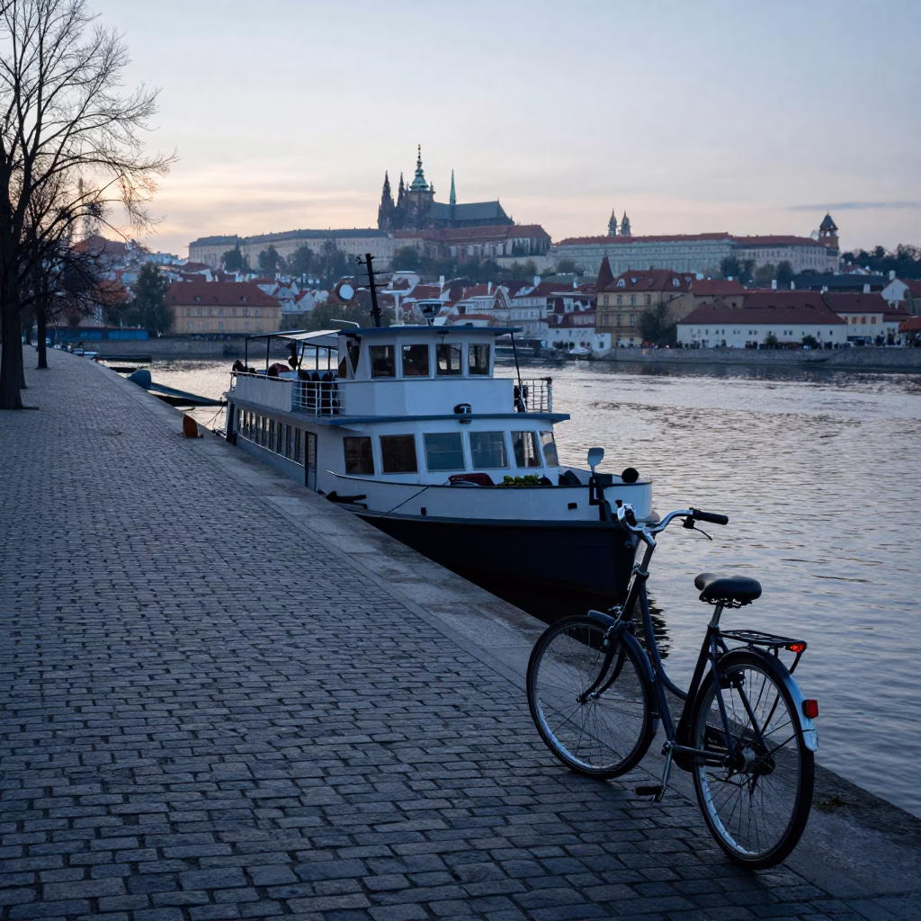 Pre-dawn Prague Street Scene with Ferry Dock and Bicycle Loading in in Prague, Czech Republic