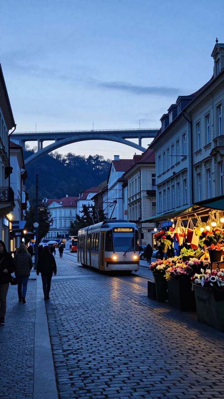 Pre-dawn Prague Street Scene with Tram and Flower Market Stop Elements in in Prague, Czech Republic