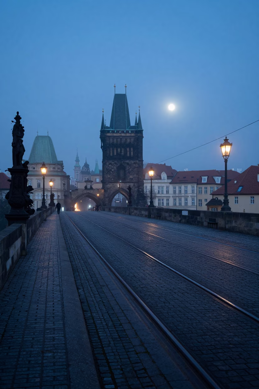 Pre-dawn Prague street scene with tram tracks and misty cobblestones in in Prague, Czech Republic